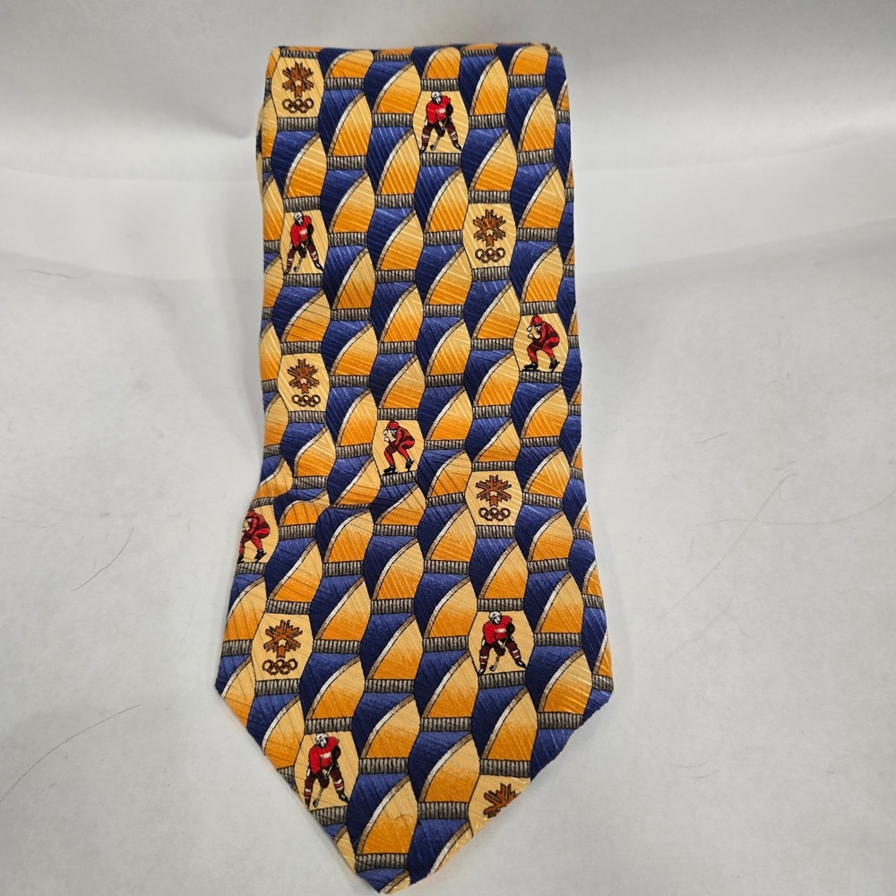Robert Talbott Salt Lake 2002 Olympic Games Silk Tie Hockey Gold Blue USA Made